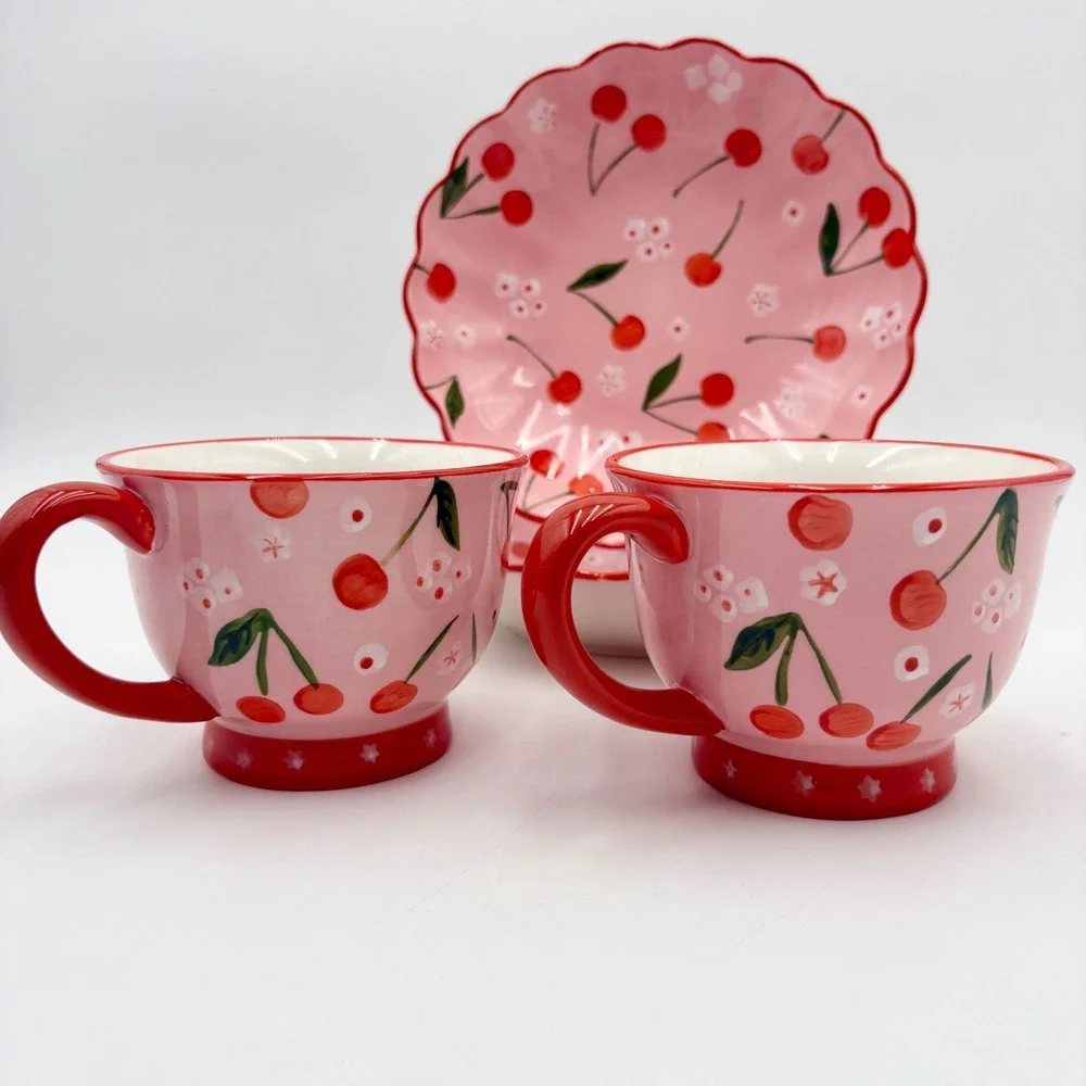 Potters Studio Cherry Blossom Bowl Cup Set Pedestal Mug Plate Pink Cottagecore